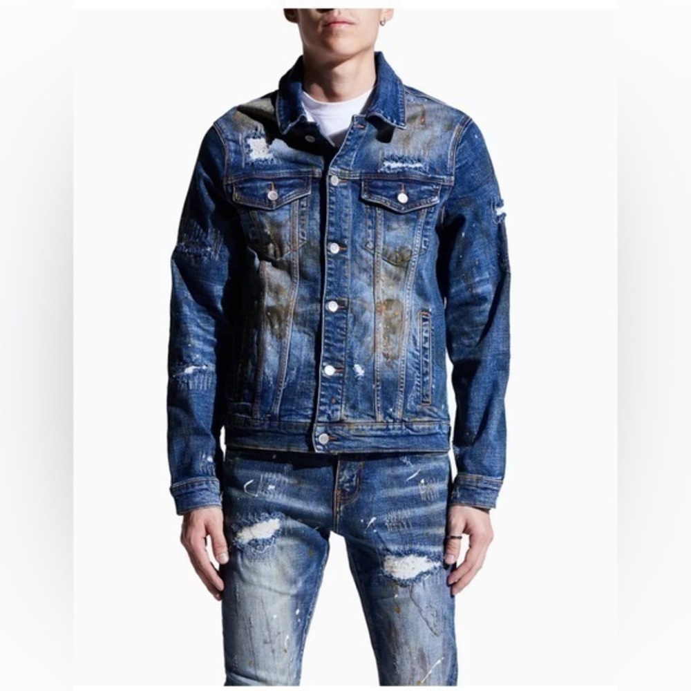 New Embellish Men's Kane Distressed Dirty Denim Jacket